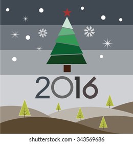 Flat Christmas tree on night with snow flake ,  Merry Christmas and Happy New year 2016 concept