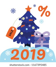 Flat christmas tree with snowcaps. Winter holidays, new year xmas traditional decoration design element. Forest nature fir or spruce tree with snow. Vector illustration