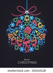 Flat Christmas tree toy drawing with thin color lines on black background