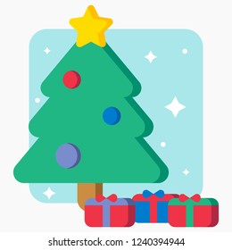 Flat Christmas tree vector illustration with presents and gifts. Merry xmas icon. Star, ornaments elements.