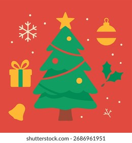 Diseño de Vector de Navidades planas con árbol verde, caja de regalo, campana, hojas de acebo y nieve sobre un fondo rojo brillante. Perfecto para tarjetas de felicitación, Anuncios y promociones de vacaciones
