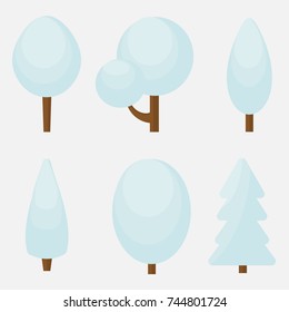 Flat christmas winter trees with festive xmas decoration vector collection. Winter christmas tree set illustration