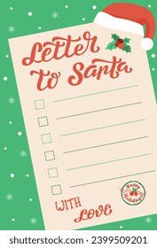 Flat Christmas wish list concept on paper with snowflakes. Santa Claus letter template with stamp and holiday hat. Vector winter cartoon illustration on textured snowy background for design or poster