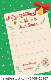 Flat Christmas wish list concept on paper with snowflakes. Santa Claus letter template with holiday stamp and bell. Vector winter cartoon illustration on textured snowy background for poster or banner