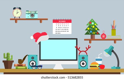 Flat Christmas workplace Web banner. Flat design illustration workspace, concepts for business, management, strategy, digital marketing, finance, social network.