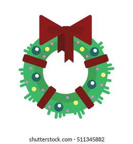Flat Christmas wreath with balls and ribbon, isolated on white background - vector illustration. Happy New Year, xmas.