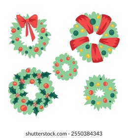 flat Christmas  wreath set with red bow and green and red decorations