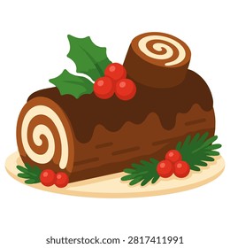 Flat Christmas yule log cake illustration for festive dessert menu