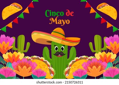 Flat Cinco De Mayo celebration with particle element cactus background