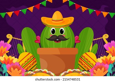 Flat Cinco De Mayo festival background celebration with cactus
