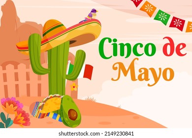 Flat Cinco De Mayo Mexican festival background cactus with sombrero