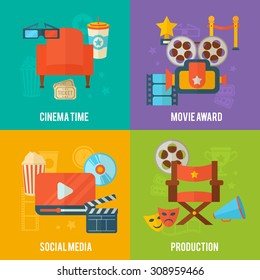 Flat cinema concept templates design with film reel, clapper, popcorn, 3D glasses, for movie posters, advertisement banners, flyers