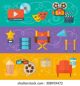 Flat cinema concept templates design with film reel, clapper, popcorn, 3D glasses, for movie posters, advertisement banners, flyers