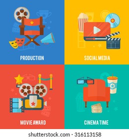 Flat cinema concept templates design with film reel, clapper, popcorn, 3D glasses, for movie posters, advertisement banners, flyers