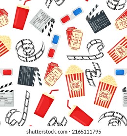 Flat cinema seamless pattern design with film reel, clapper, popcorn, 3D glasses. Cartoon flat Vector Illustration for print, fabric and web-design