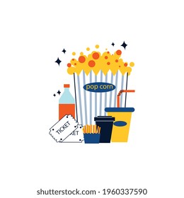 Flat cinema tickets popcorn drinks and chips vector illustration