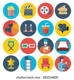 Flat cinema video movie watching design icons set. Modern website infographics style vector illustration concept collection. Popcorn clapper film ticket light camera hall producer trophy 3d glasses.