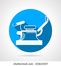 Flat circle blue vector icon with white silhouette gynecology chair on gray background with long shadow.