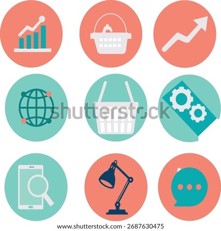 Flat circle business icons pack: analytics growth, basket, up arrow, globe, gears, mobile search, desk lamp, message — clean minimal vector‑style illustration for web, app and marketing.