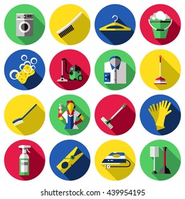 Flat circle colored and isolated cleaning icon set with tools for washing and cleaning vector illustration