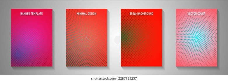 Flat circle faded screen tone cover page templates vector set. Scientific banner perforated screen tone patterns. Retro cartoon comics style title page layouts. Overlay spots grid