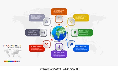 Flat circle globe infographic options template. 
Modern concept design template with 8 options, steps or parts.