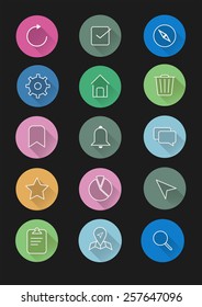 Flat circle icons set on gray. Colorful app or button