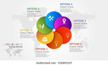 Flat circle infographic options template. Modern concept design template with 6 options, steps or parts.