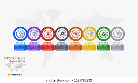 Flat circle infographic options template. 
Modern concept design template with 8 options, steps or parts.