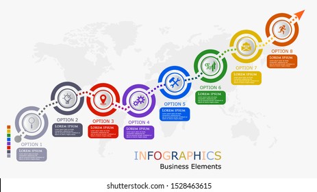 Flat circle infographic options template. 
Modern concept design template with 8 options, steps or parts.