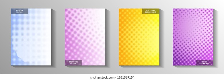 Flat circle perforated halftone cover templates vector collection. Business banner faded halftone backdrops. Retro cartoon comics style cover page layouts. Optical effects.