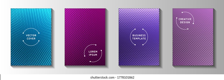 Flat circle perforated halftone title page templates vector kit. Geometric magazine faded halftone backgrounds. Retro comics style cover page layouts. Matrix elements.