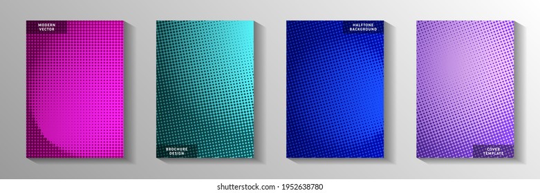 Flat circle screen tone gradation title page templates vector series. Digital flyer faded screen tone backdrops. Retro manga comics style front page layouts. Round pixels.
