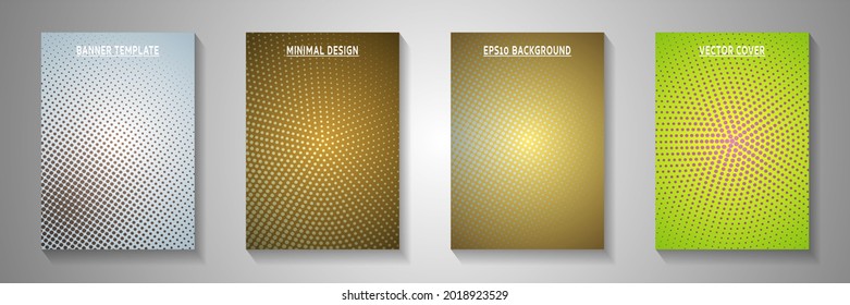 Flat circle screen tone gradation cover page templates vector series. Scientific magazine faded screen tone backgrounds. Vintage cartoon comics style title page leaflets. Line art design.