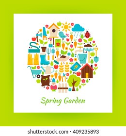 Flat Circle Spring Garden Objects. Collection of Vector Gardening Tools isolated over white Paper Template.