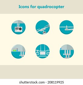Flat circle vector icons for monitoring with quadrocopter. Set of blue flat icons with elements of quadrocopter. Six circle vector icons on gray background.