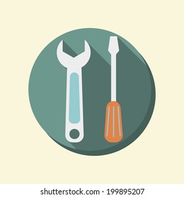 flat circle web icon. retro color circle icon. screwdriver and wrench