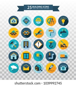 Flat circular construction icons. Web icons set - building, construction and home repair tools. Flat colored pictograms with long shadows.