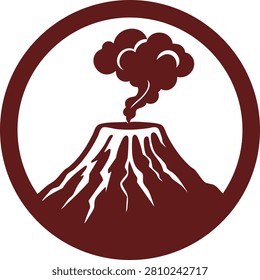 Flat circular emblem illustration of a brown volcano with a smoke cloud inside a round border