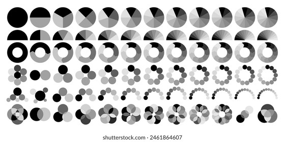 Flat circular graphs. Pie chart infographic, gauge diagram, segmented and overlapping circles charts for representing percentages, proportions and steps in reports, dashboards and presentations