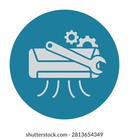 A flat circular icon depicting an air conditioner repair concept with a wrench and mechanical gears. Ideal for HVAC service websites, maintenance apps, and climate.