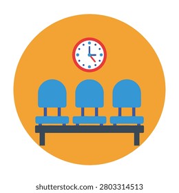 A flat circular icon featuring blue row seating and a wall clock, symbolizing waiting areas, clinic appointments, office schedules, punctuality, and time management.