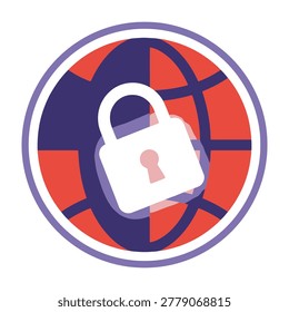 A flat circular icon representing global digital security featuring a white padlock symbol centered over a stylized world map grid. Ideal for web privacy concepts.