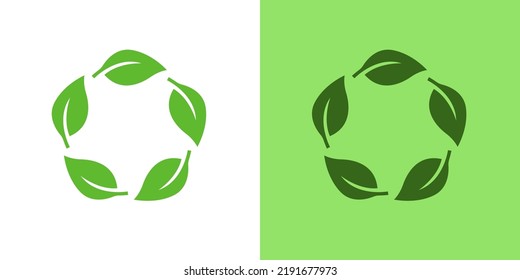 Flat circular leaf reuse green energy sign with icons design vector. Power ecology sustainability symbol illustration.