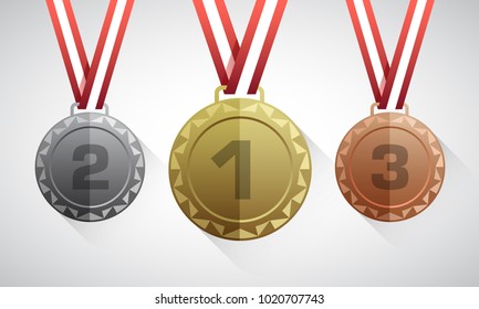 FLAT CIRCULAR MEDALS - GOLD, SILVER, BRONZE with a ribbon - on a light background - Volume 1