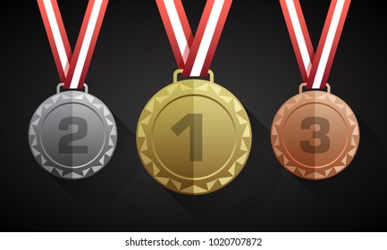 FLAT CIRCULAR MEDALS - GOLD, SILVER, BRONZE with a ribbon - on a dark background - Volume 1