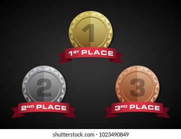FLAT CIRCULAR MEDALS - GOLD, SILVER, BRONZE with a banner - on a dark background