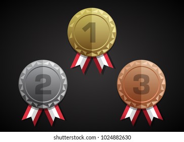 FLAT CIRCULAR MEDALS - GOLD, SILVER, BRONZE with a ribbon - on a dark background - Volume 2
