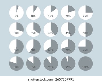 Conjunto de diagrama de porcentaje circular plano. Iconos simples del gráfico circular. Ideal para estadísticas, marketing visual, tablero de instrumentos de interfaz de usuario, educación, visualización de datos, infografía, informe de datos