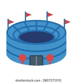 Flat circular stadium illustration featuring arena seating, flags, entrance, and sports venue structure, modern recreational facility concept, isolated vector graphic for events, competitions, and architecture.